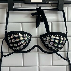 Black Bikini Top with fantasy stones/ size S
